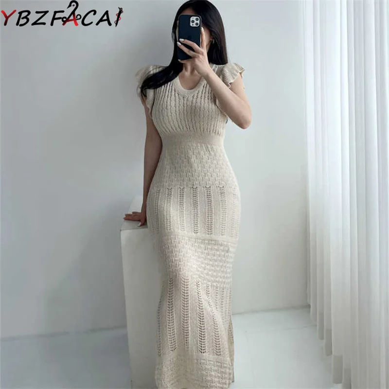 

2022 Summer Sweet Sexy Cutout Thin Knit Long Dress Korean Chic Fashion Elegant V-Neck Short Sleeve Knit Slim Professional Dress