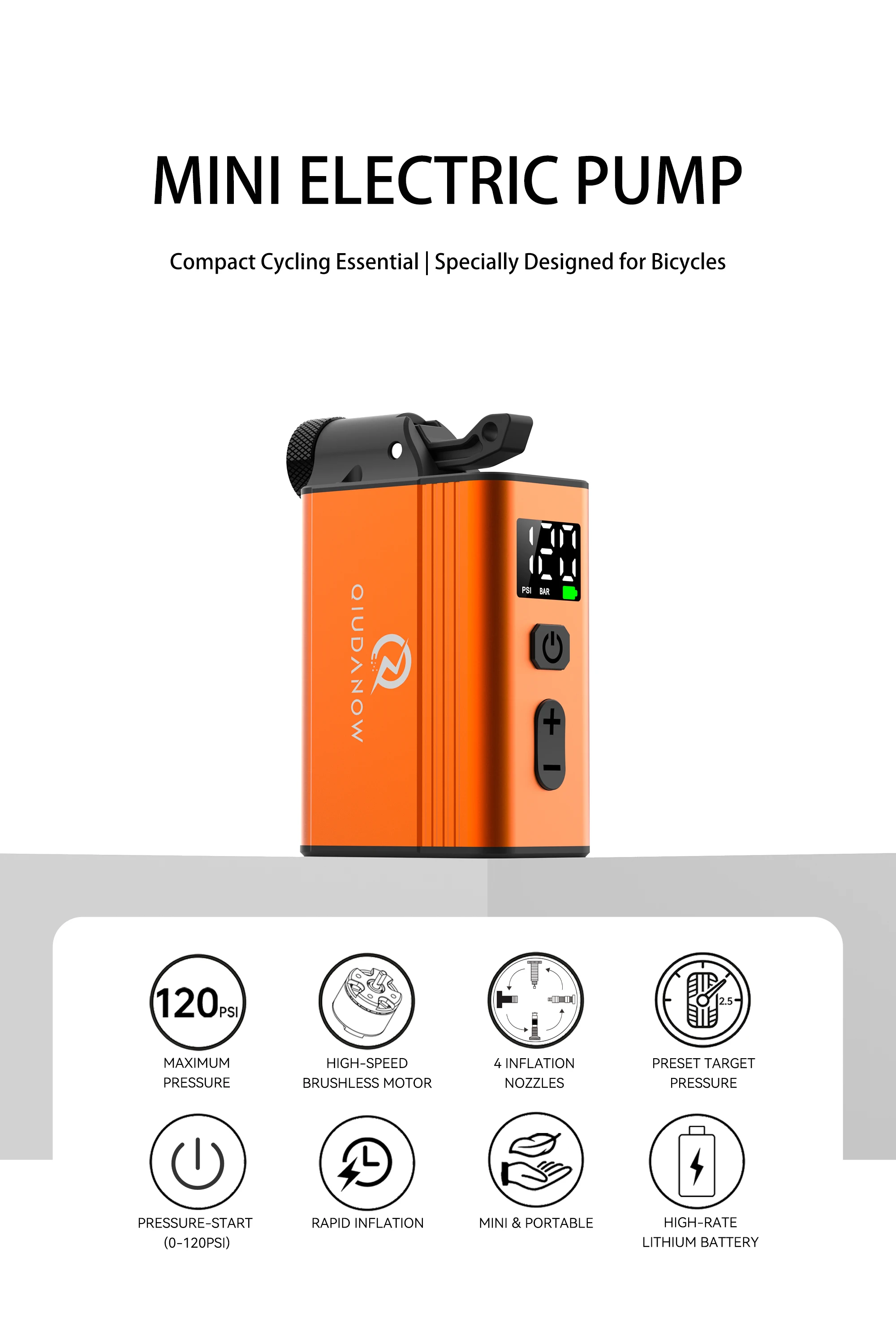 Mini-Elektrofahrradpumpe 120PSI Kabellose Reifenpumpe Bürstenloser Motor Digitales Manometer Typ C Tragbare Luftpumpe für MTB und Rennrad – Detail 1
