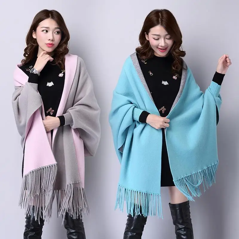 2023 New Autumn/Winter Shawl Scarf Dual Purpose Cape Sleeved Tassel Double Sided Solid Bat Sleeve Versatile Knit Top