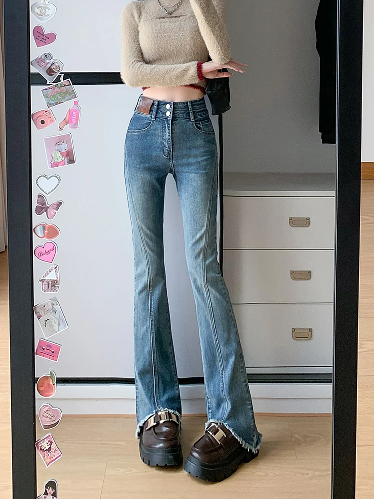 

Autumn Women's Slim Flare Jeans High Waist Cotton Stretch Fashion Skinny Pants Retro Splicing Raw Edge Slit Y2K Jeans Black Blue