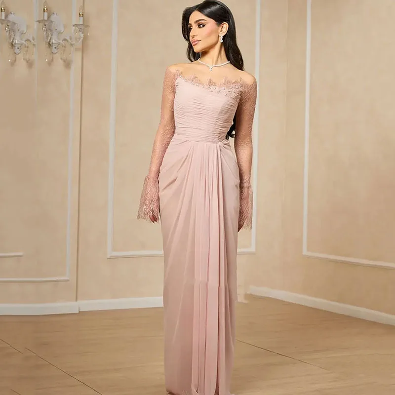 LAYXHS robes de soirée élégantes rose dentelle à manches longues perlée sirène plissée robe de bal robes de soirée personnalisées