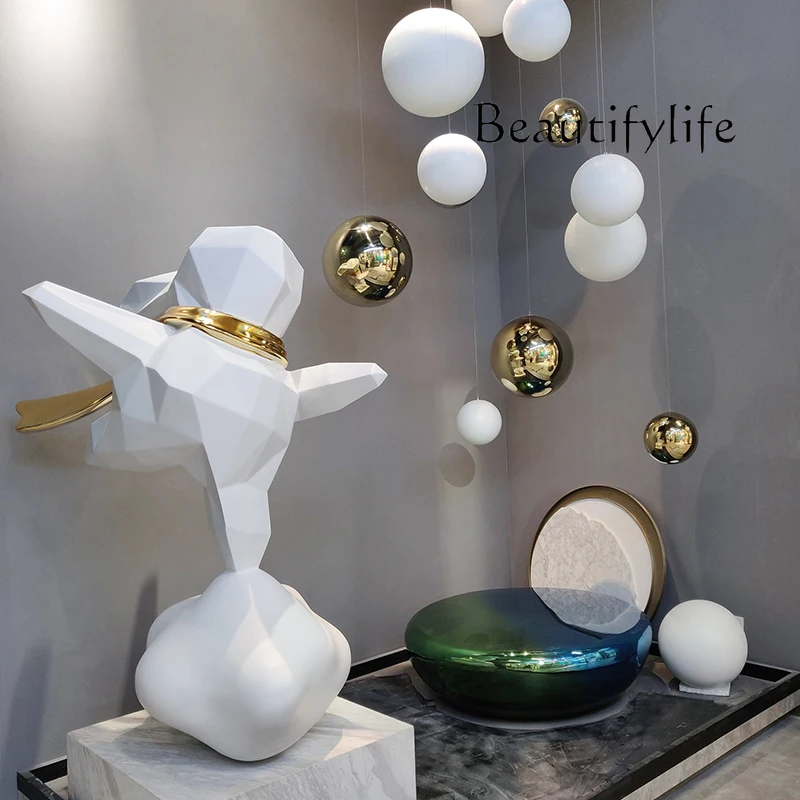 Large fiberglass geometric rabbit beauty Chen ornament custom sculpture clock in shopping mall installation animal