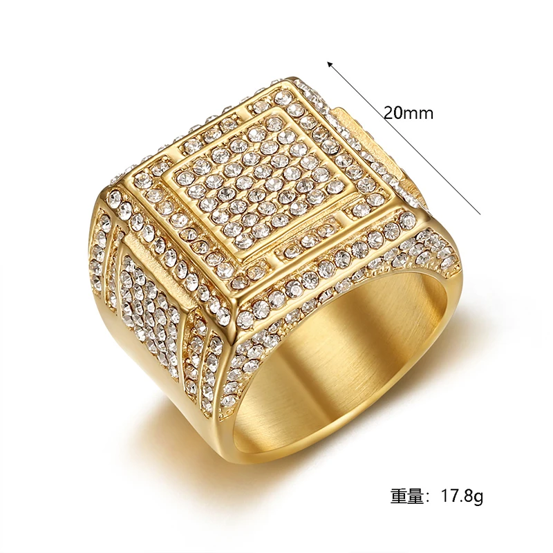 Hip Hop Bling Iced Out Stainless Steel Geometric Square Finger Rings Man Signet Ring for Men Rapper Jewelry Gold Silver Color