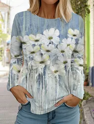 Fashion Design Women's T shirts 3D Print Floral Graphics Long Sleeve Crew Neck Regular Fit Spring/Fall Thin Style Flower Shirts