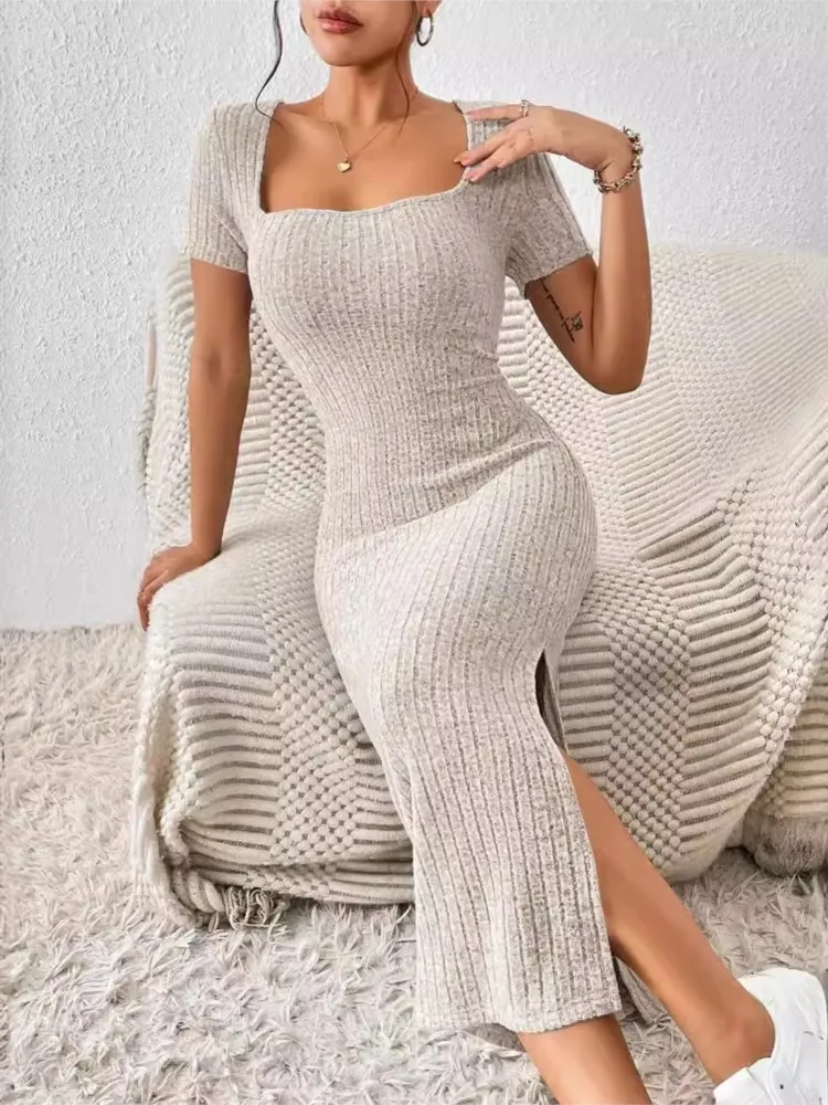 

Fashion Solid Color Knitted Slim Long Dresses Women Sexy Square Collar Package Hip Bodycon Slit Dress Elegant Lady Knitt Vestido