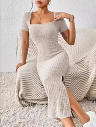 Fashion Solid Color Knitted Slim Long Dresses Women Sexy Square Collar Package Hip Bodycon Slit Dress Elegant Lady Knitt Vestido