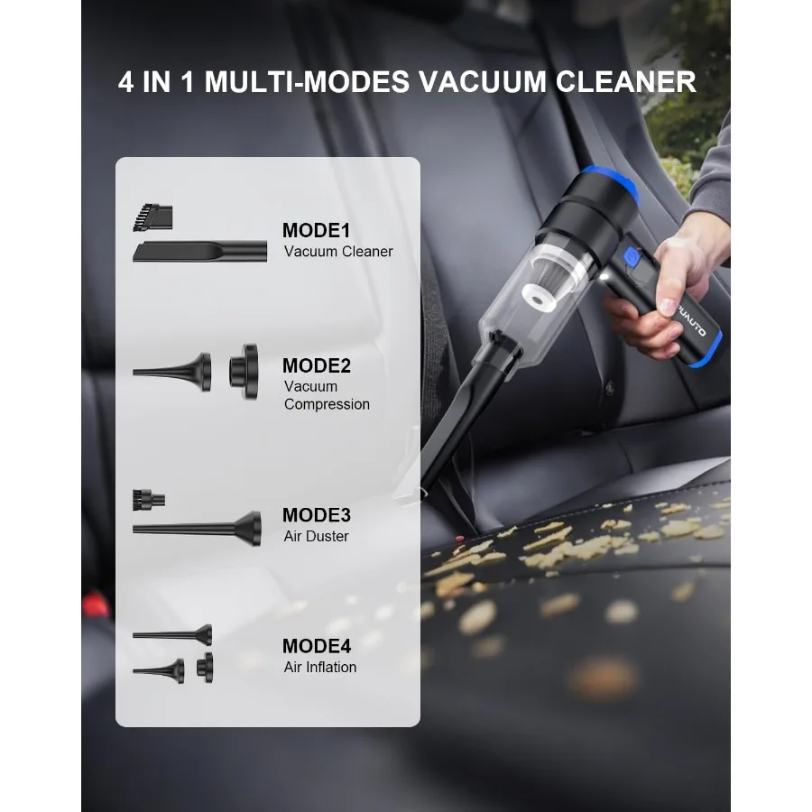 مكنسة سيارة محمولة لاسلكية 20000Pa عالية الطاقة 4 في 1 مكنسة محمولة باليد مع محرك بدون فرش وبطارية 5200 مللي أمبير في الساعة مثالية للسيارة #6