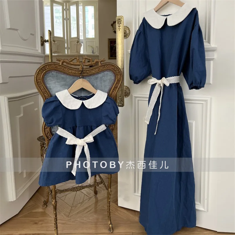 ins summer fashion new mother and daughter dress girls Korean doll collar bow belt parent-child dress