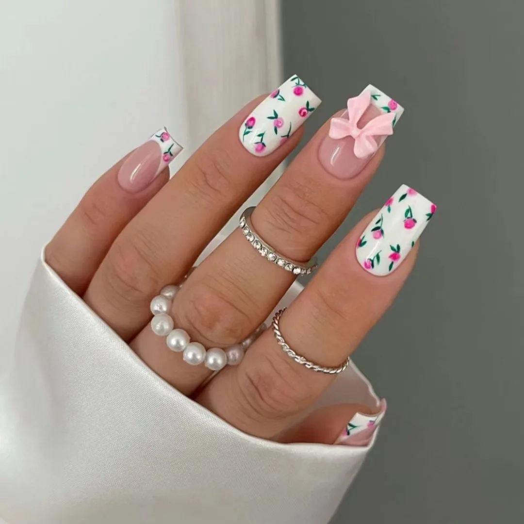 

24Pcs Mid-length Square Head Press on False Nails French Flower with 3D Bow Design Fake Nails Art Reusable Full Cover Nails Tips
