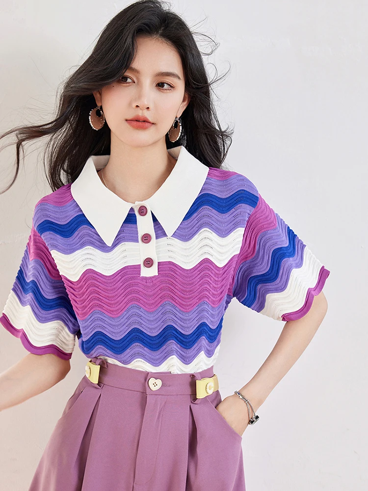 Women\'s Retro Contrasting Color Turn-down Collar T-shirt Summer 2024 New Casual Pullover Fashion Lazy Style Tops