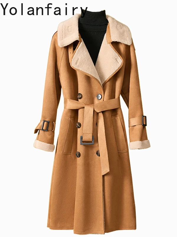 

YOLANFAIRY 100% Wool Trench Coats for Women Autumn Winter 2025 Elegant Sheep Shearing Jacket Woman Long Fur Coat Abrigos Mujer