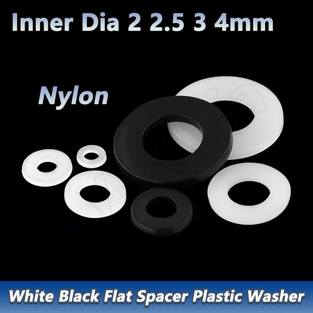 White Black Plastic Nylon Flat Washer Inner Dia 2 2.5 3 4mm Plane Spacer Insulation Gasket Ring Thickness 0.5 0.8 1 2mm
