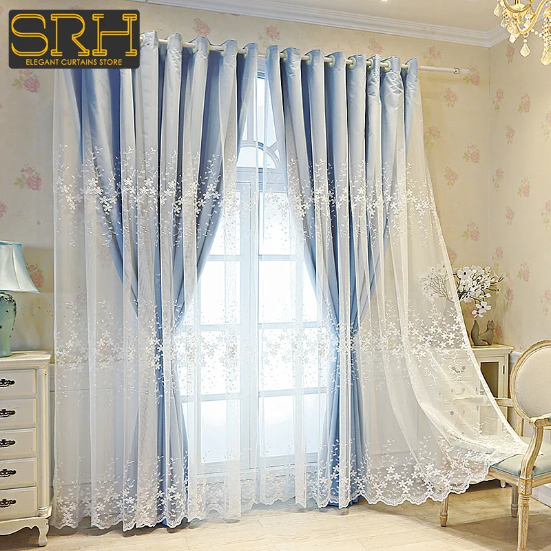 Embroidered Double-layer Cloth and Gauze Integrated Blackout Curtains for Bedroom Living Room Window Custom Solid Color Fabric