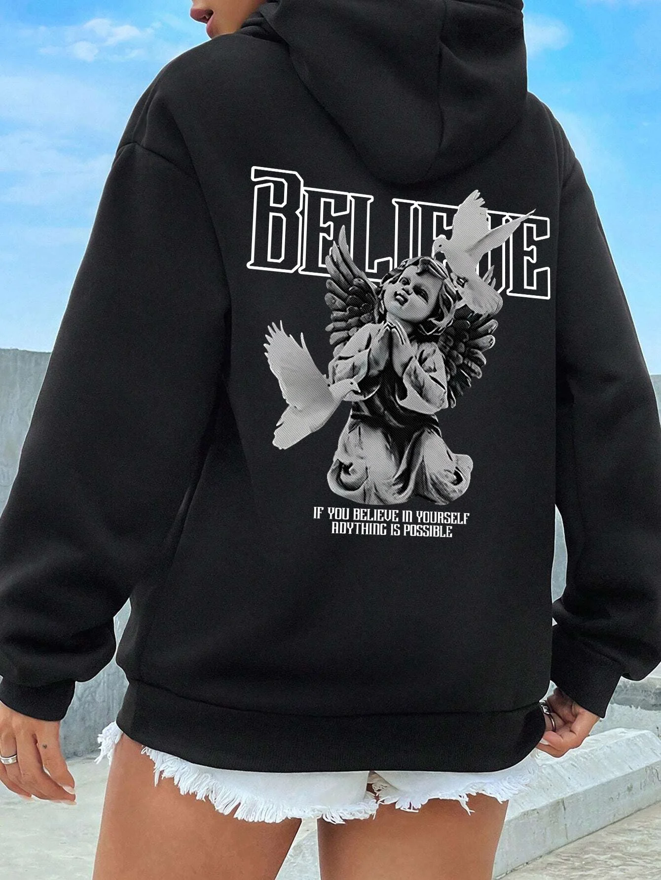 Believe Hollow Word Praying Angel Sculpture Pattern Female Hoodie Vintage Hoodie Casual Fit Soft Hoody Street Sportswear Female