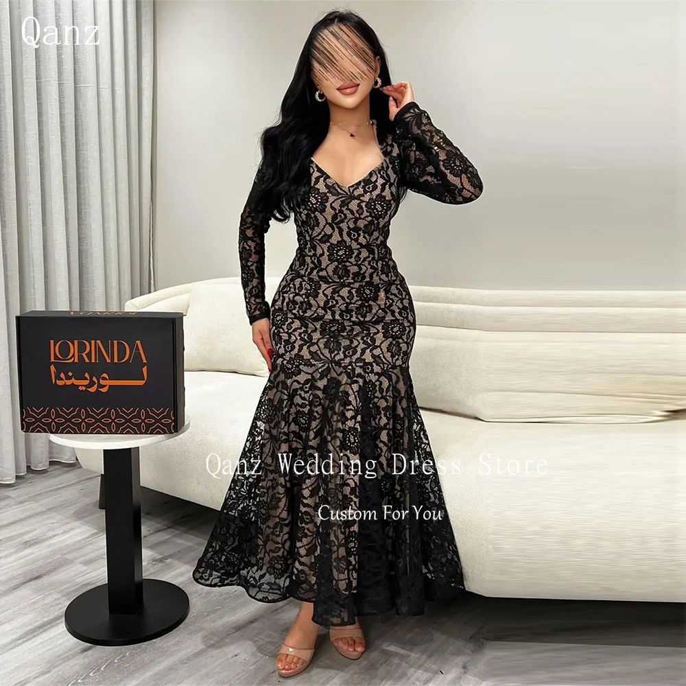 

Qanz Elegant Lace Black Evening Dress Mermaid V Neck Robes De Soirée Dubai Long Sleeves Women's Wedding Party Attire Customized