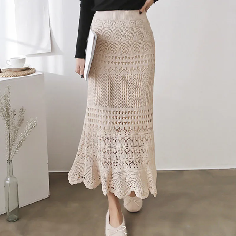 

2024 Korean New Graceful Women's Knitting Long Skirts Sexy High Waist Hollow Out Elastic Mermaid Hem Bodycon Skirt Black Khaki