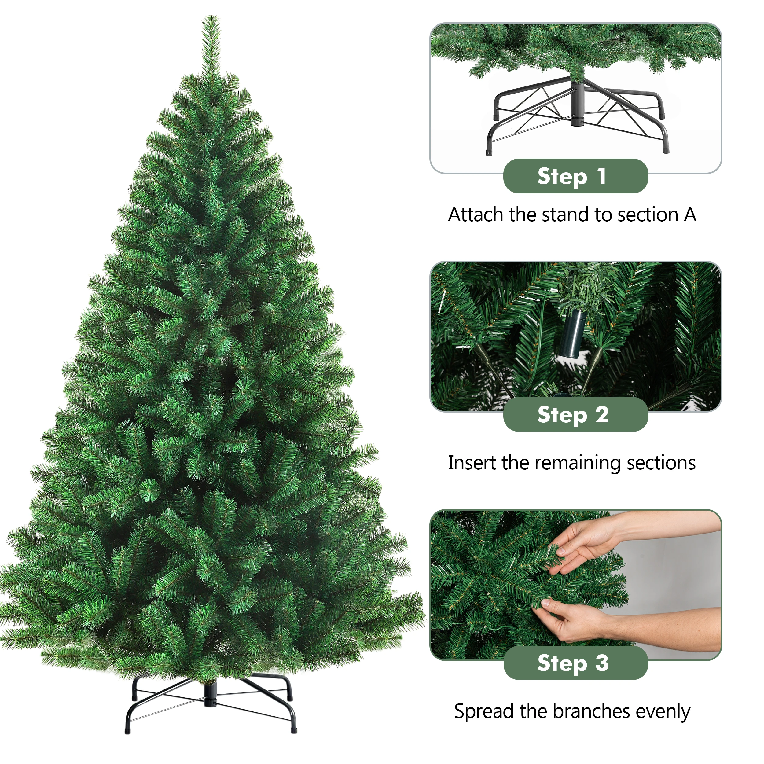 180/210 cm PVC-Weihnachtsbaum mit dichten, realistischen grünen Zweigen, vollständig formbar und mit stabilem Metallständer, wiederverwendbare Weihnachtsdekoration für Zuhause, Büro, Schule, Partys, Weihnachts- und Winterfestdekoration im Innenbereich – Detail 8