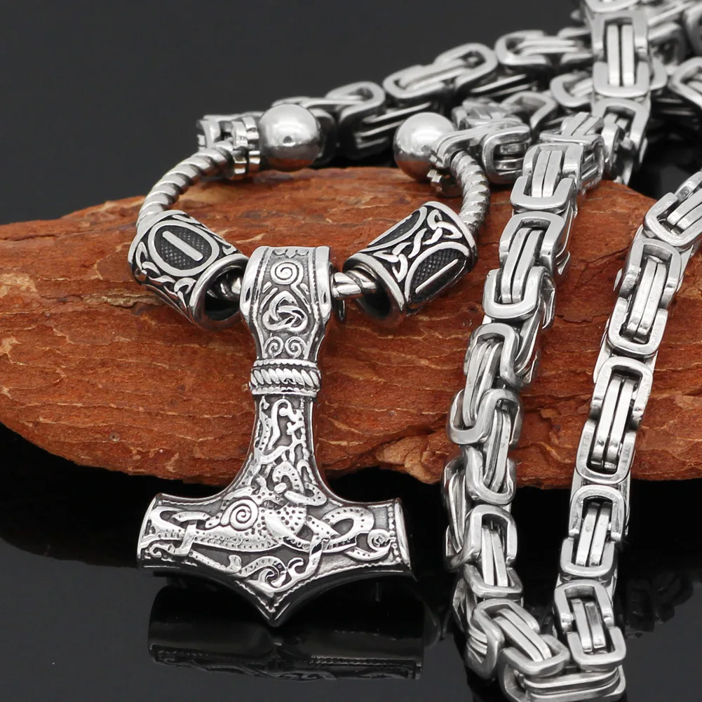 Men's Stainless Steel Viking Thor Hammer Lunaven Pendant Necklace Versatile Domineering Square Chain Jewelry Accessory