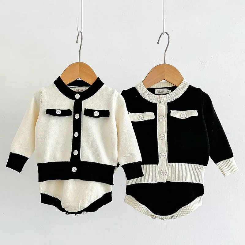 

Autumn Spring Infant Baby Girl Knitting Clothes Set Long Sleeved Cardigan Sweater+Sleeveless Jumpsuit Toddler Baby Clothing Suit