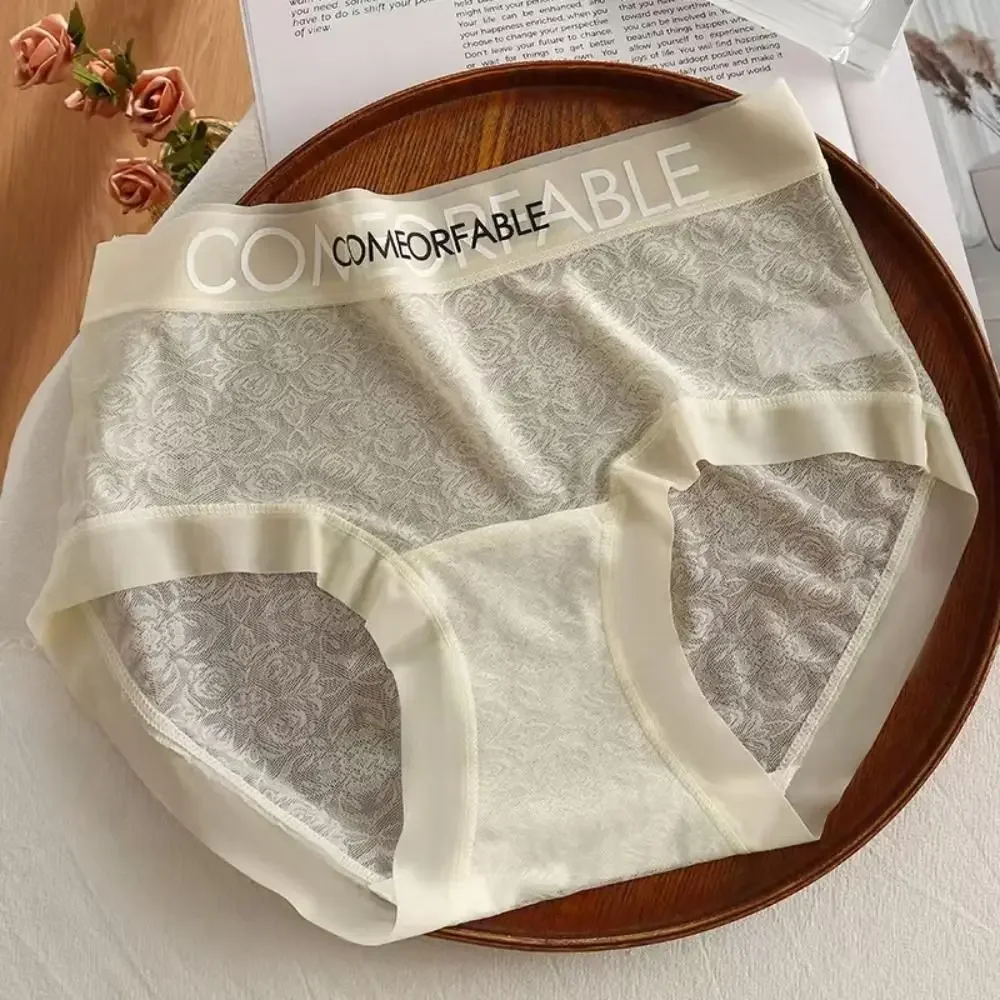 4Pcs Ultra-thin Lace Flower Briefs Transparent Cotton Crotch Mesh Seamless Panties Mid Waist Underpants Underwear for Women Lady