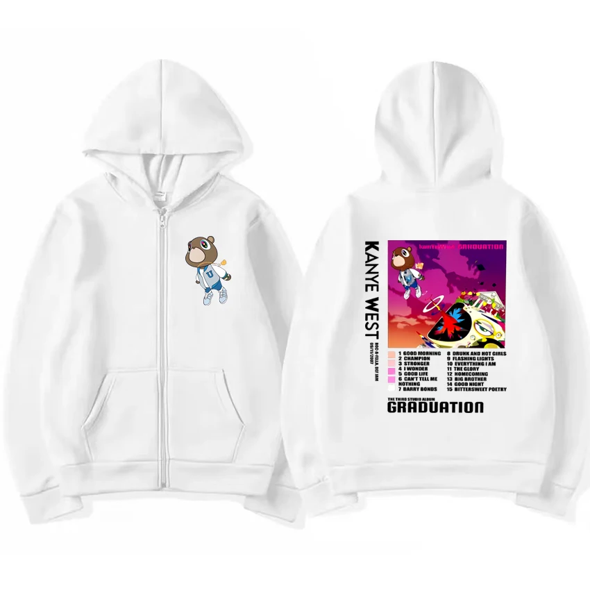 Kanye West kelulusan beruang Hip Hop pria wanita, jaket Hoodie bertudung ritsleting Unisex, pakaian jalanan kasual vintage pria dan wanita