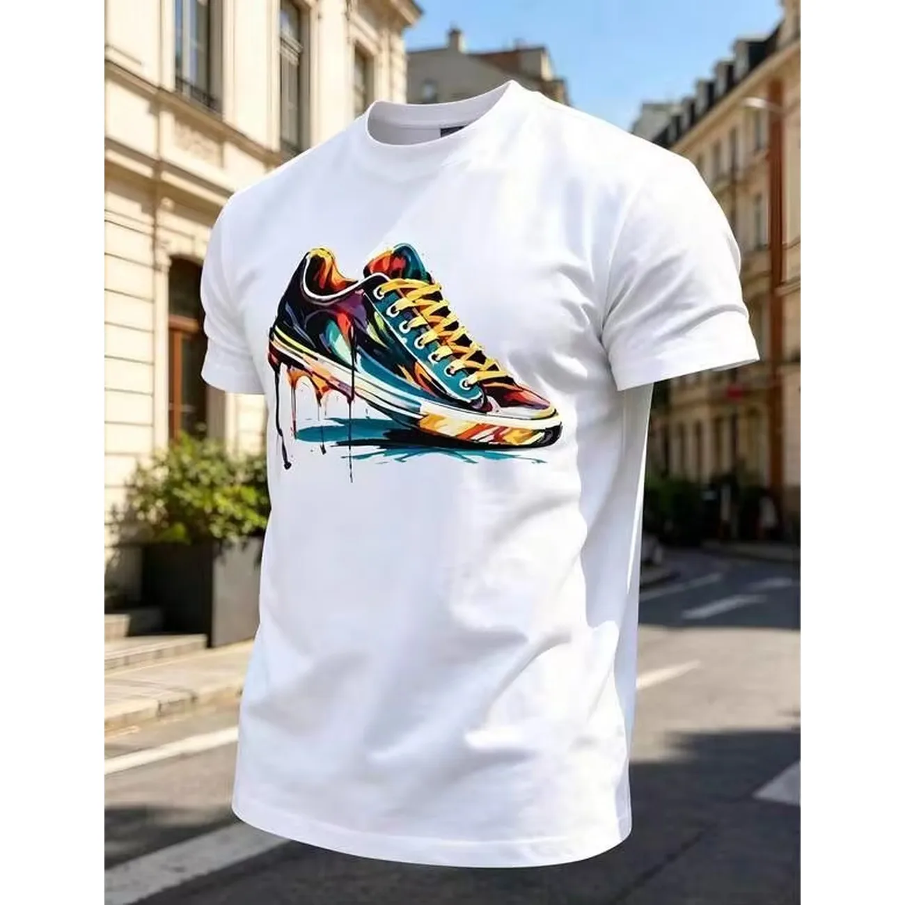 1pc Man S' Colorful Sneaker Art Print White TShirt Crew Neck Casual Cotton Tee Medium Stretch Knit Fabric Regular Fit For Boys Man Perfect For //