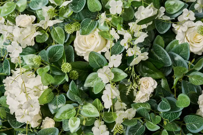 Custom series 3D white roses and green leaves rolled artificial plants Milan Turf flower wall outdoor wedding garden decoration