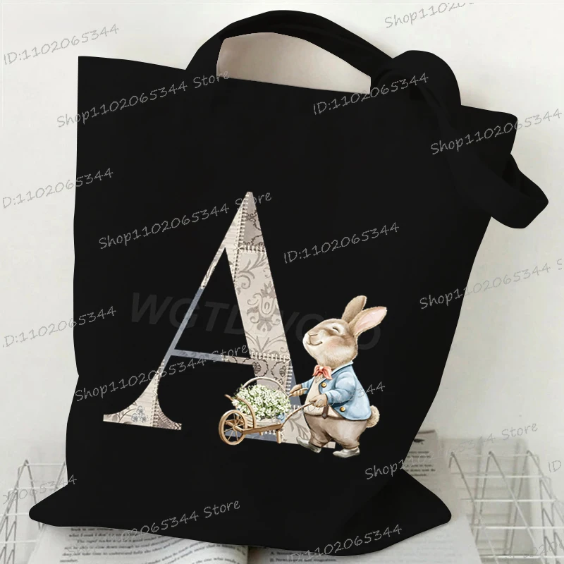 Vintage Rabbit Print Western Art Style Women's Handbags Funny 26 Alphabet Canvas Tote Bag Student Cartoon Bunny Shoulder Bags