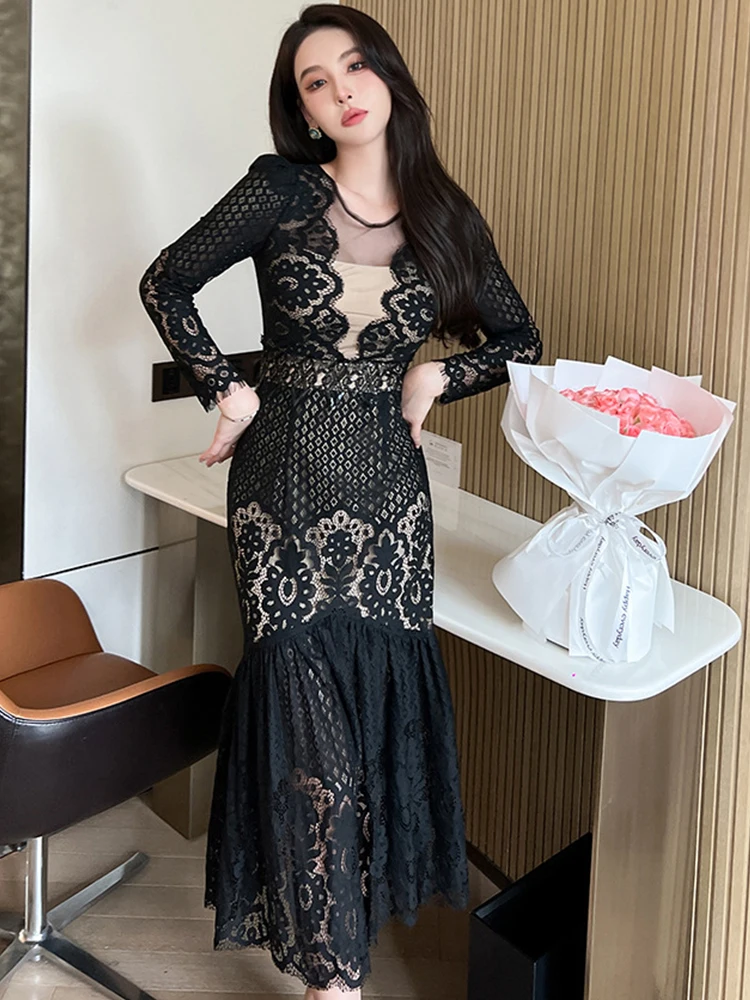 Spring Maxi Dresses for Women 2023 Retro Elegant Black Perspective Sheer Lace Dress Trumpet Robe Lady Party Prom Banquet Vestido