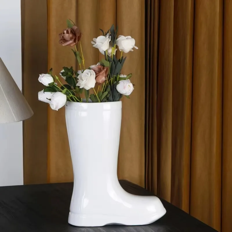 

Modern White Boot Ceramic Vase, Smooth Gloss Finish, High-Fired Flower Holder, Durable Display Piece, Unique Floral Stand