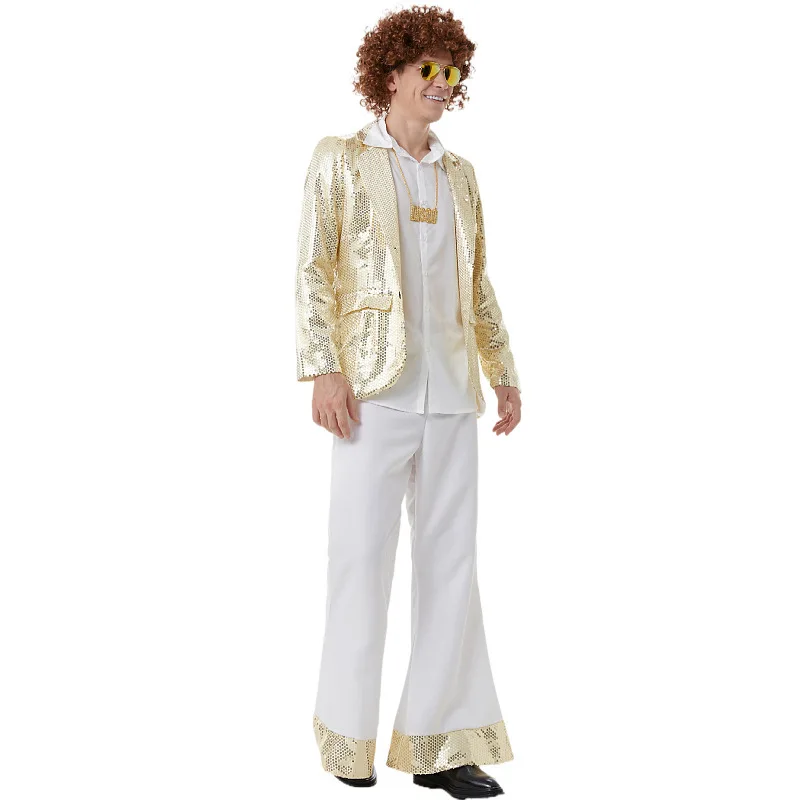 

Men's Gold Disco Costume Retro Hip Hop Rock Sets 70s Singer Host Stage Nightclub Outfit White Disco Pants Sparkling Suit