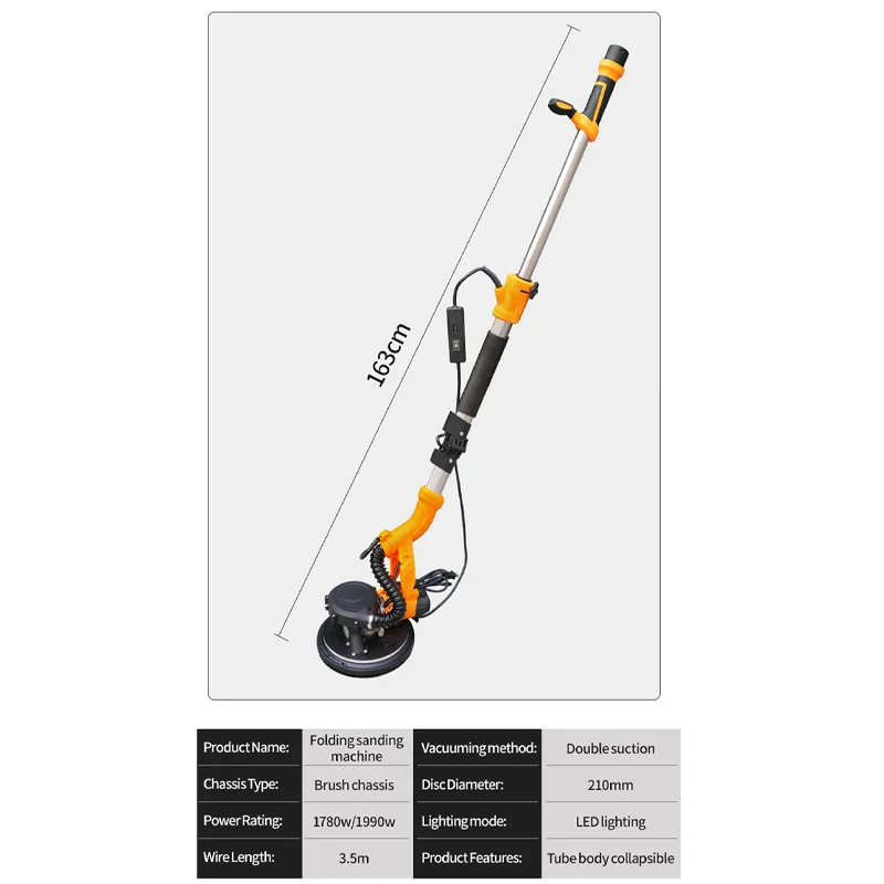 Electric Wall Sander with Folding Handle LED Light  Self-Suction Dust-Free Putty Grinding Machine for Drywall  Interior Wall