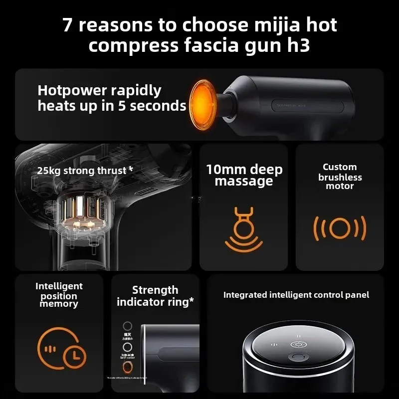 New MIJIA Hot Compress Fascia Gun H3 Portable Muscle Massage Gun 25kg Thrust Brushless Motor 4 Massage Heads to Relax