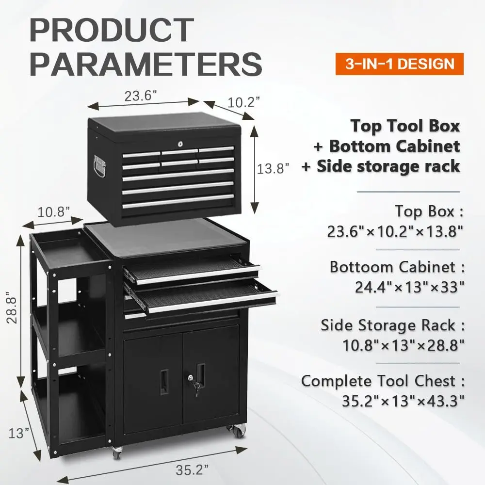 Double Doors Tool Chest, 2 in 1 Detachable Rolling Tool Chest, Large Tool Box with Drawers, Mobile Tool Cabinet with Side Stora