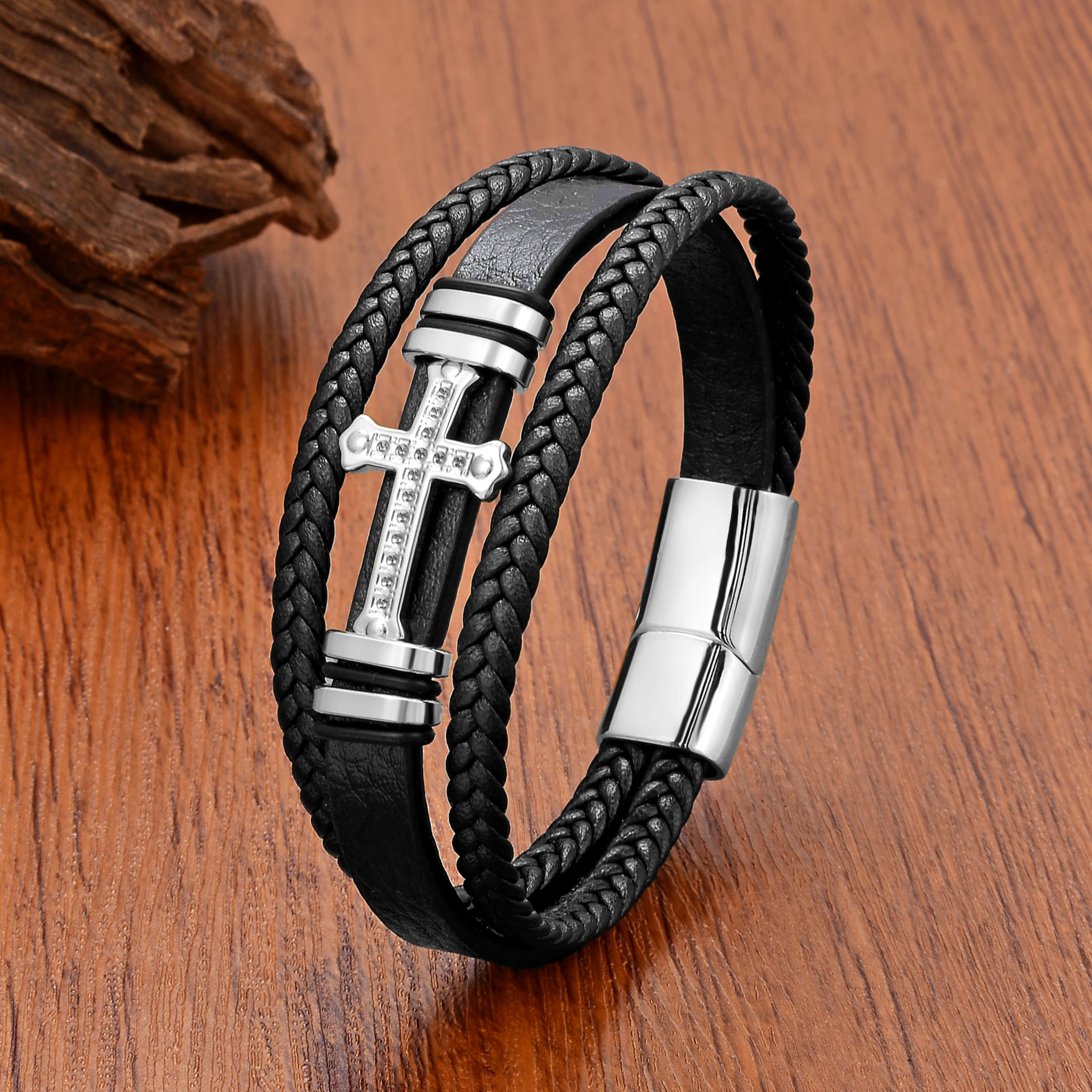 High Quality Stainless Steel Cross Bracelet For Man Accessories Matching Things Weave Leather Bangle Handmade Punk Bracelets