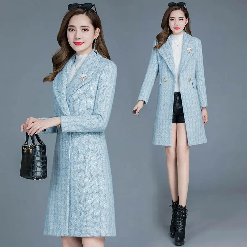 

High-Quality Plaid Imitation Mink Coat Women Autumn Winter Jacket 2023New Korean Slim Long Woolen Coat Female Outerwear Overcoat