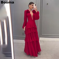 Booma Red A Line Sexy Evening Dresses Deep V Neck Long Sleeves Prom Party Gowns Tiered Formal Occasion Dresses for Women 2023