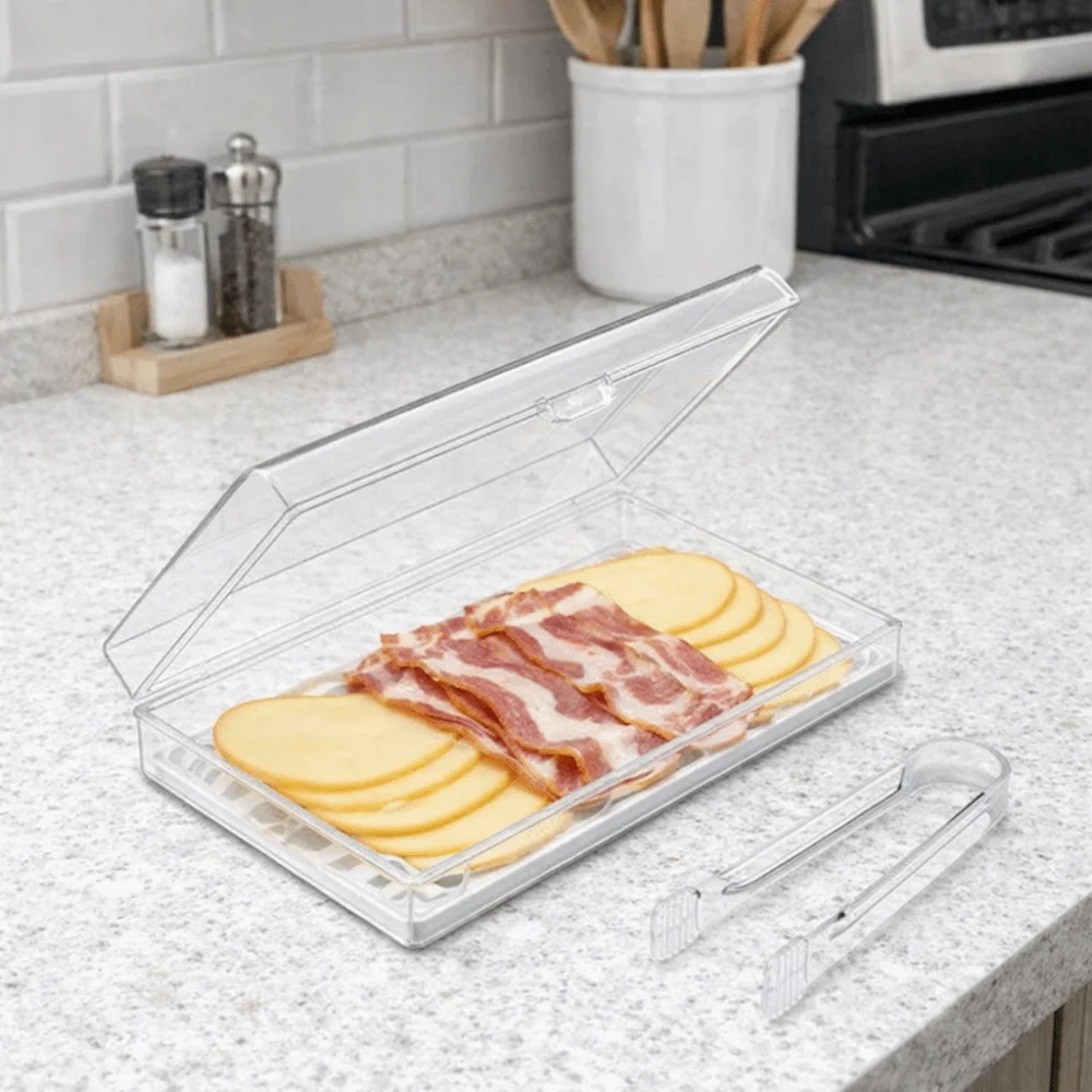 

Plastic Bacon Storage Container Keep Fresh Clear Lids Lunch Meat Container Large Capacity with Tong Food Storage Box Meal Prep