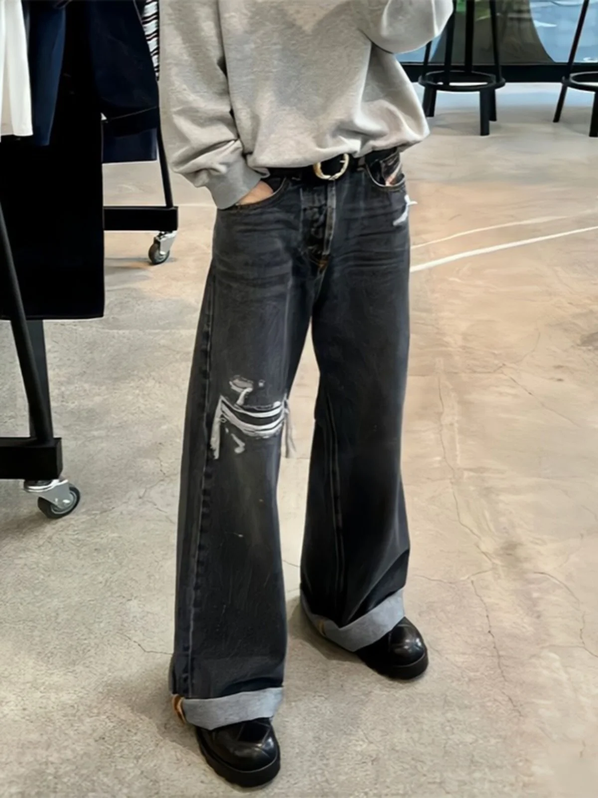 

Y/Project 23S New Hole Waed Bla ey Denim Pants Wide Leg Micro Flared Casual Long Trousers for Teenagers
