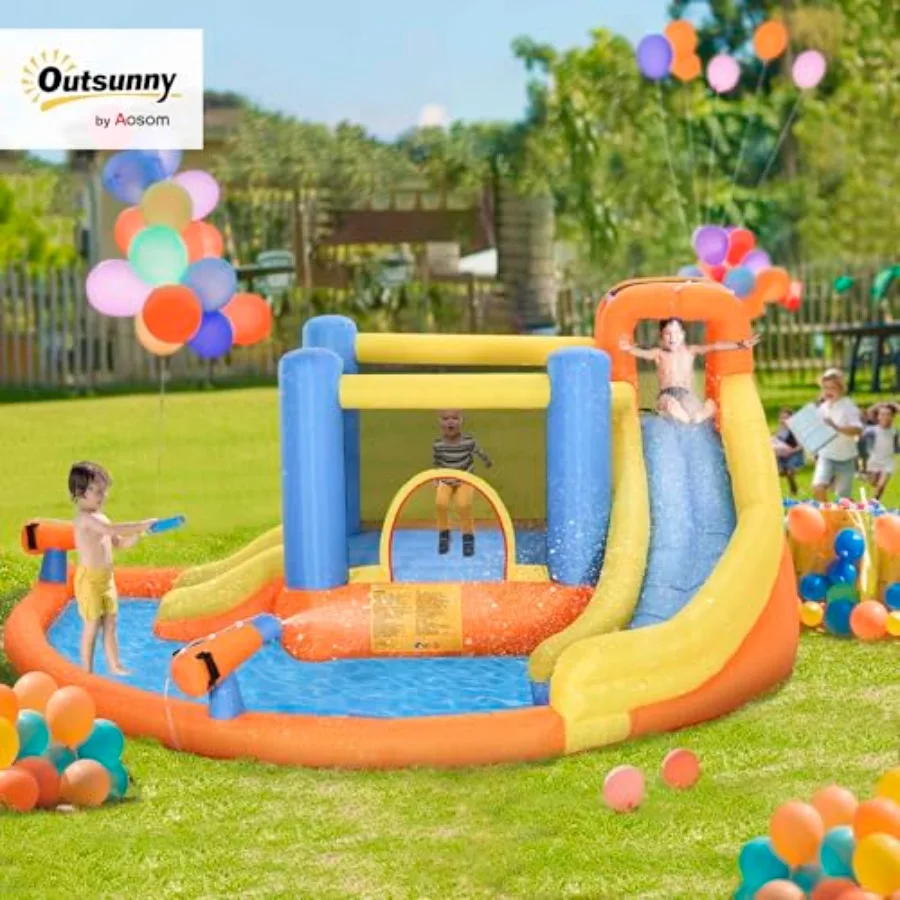 Outdoor/indoor inflatable water slide for kids: PVC material, blue and yellow, 5-in-1 bouncy castle with pool, climbing wall, w