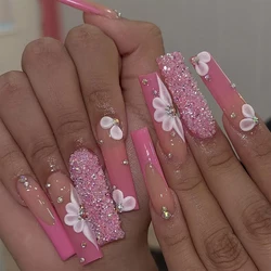 24pcs long square nail hot French pink diamond wearing fake nail piece detachable fake nail rubbing strip & jelly glue