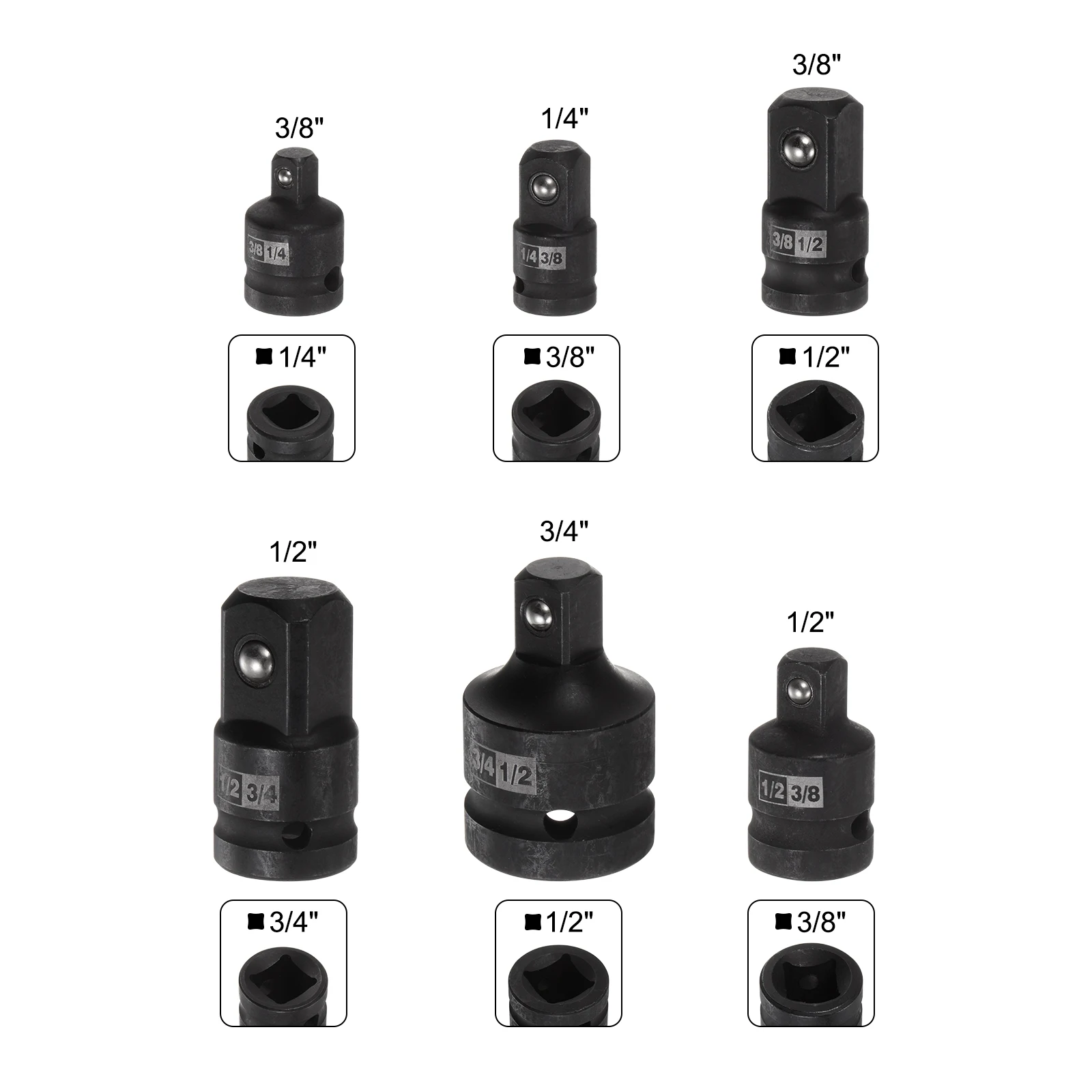 Uxcell 6pcs Impact Socket Adapter Set 1/4 Inch 3/8 Inch 1/2 Inch 3/4 Inch Cr-V Steel Wrench Socket for Impact Driver