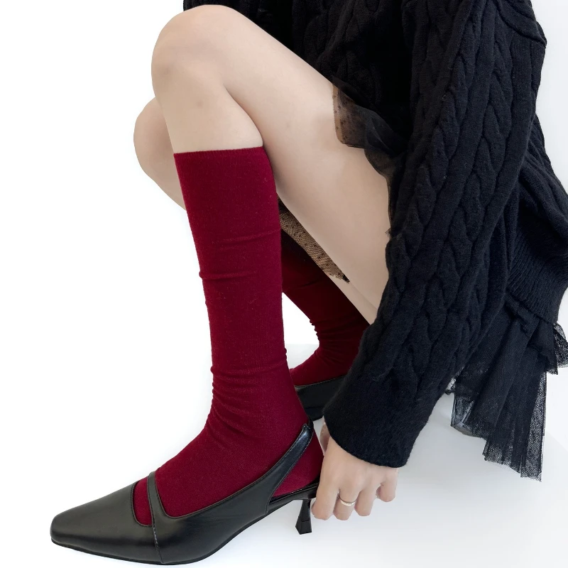 Stockings Women Autumn and Winter Warm Knitted Girls Knee Socks Women Stockings 5% Wool Solid Color Medium Tube Socks Stockings