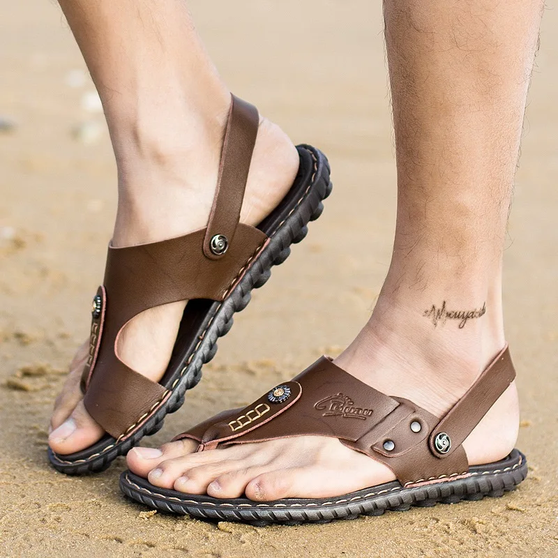 Sandalias de cuero hechas a mano para hombre, zapatos de playa antideslizantes para exteriores, chanclas planas de gran tamaño 47