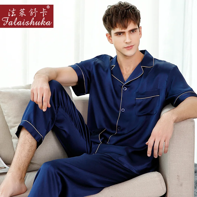 

16 momme 100% genuine silk pajamas sets men short sleeves trousers Elegant pure color indoor male 100% silk sleepwear T9001