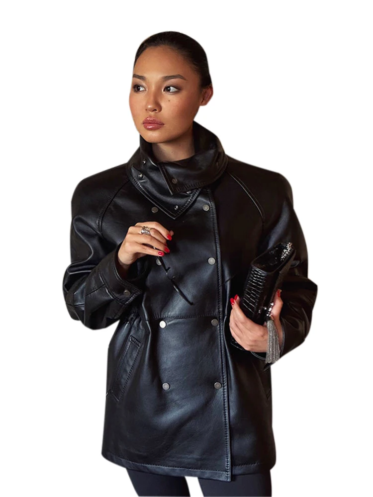 Schwarze zweireihige Lederjacke, lang, modisch, gesteppt, kurzmantel, langärmelig, PU-Leder, lässige Oberbekleidung, Straße