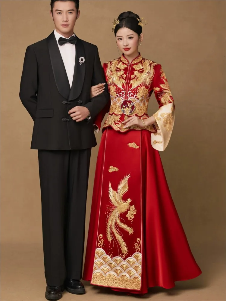 

Новое свадебное платье в китайском стиле и праздничное платье с вышивкой в стиле дракон-феникс от Heavy Industry embroidery