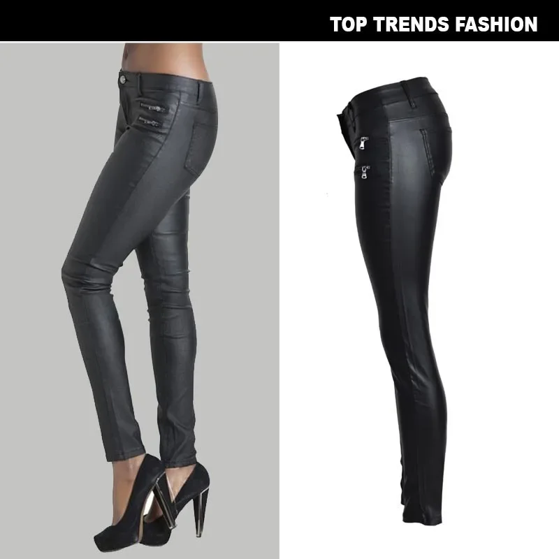 Popular Womens Leather Pant Low Waist and Slim Feet PU Leather Pants Double Zipper Pant for Women