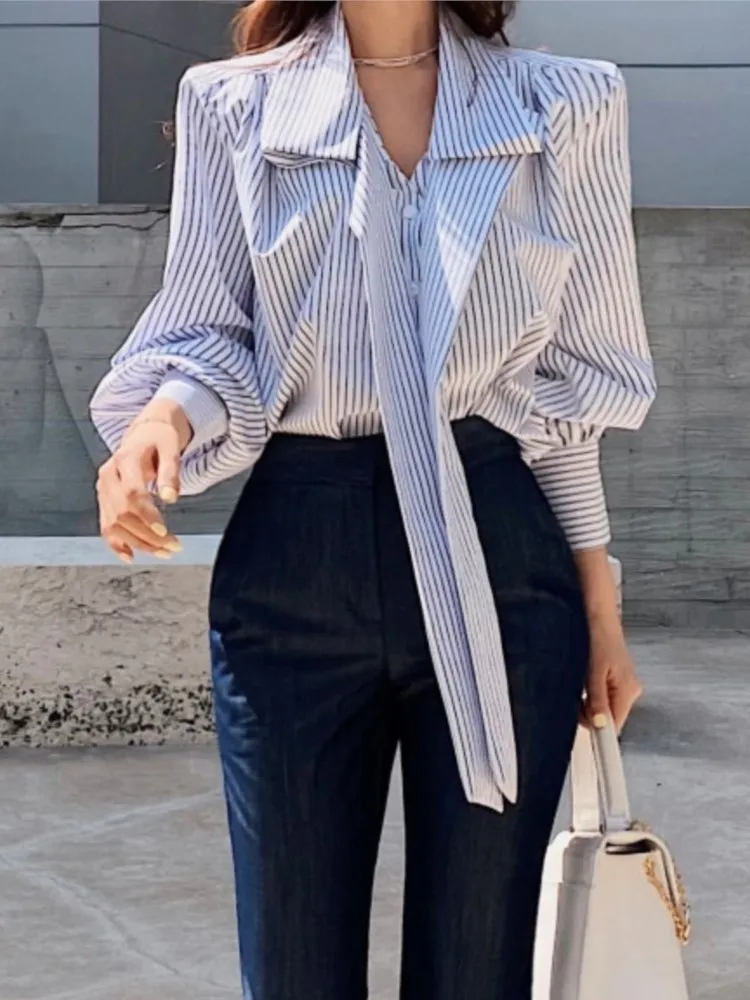 Women Elegant Casual Stripe Long Sleeve Shirts Spring Vintage Chic Party Birthday Clothes Female Business Formal Blouses Tops