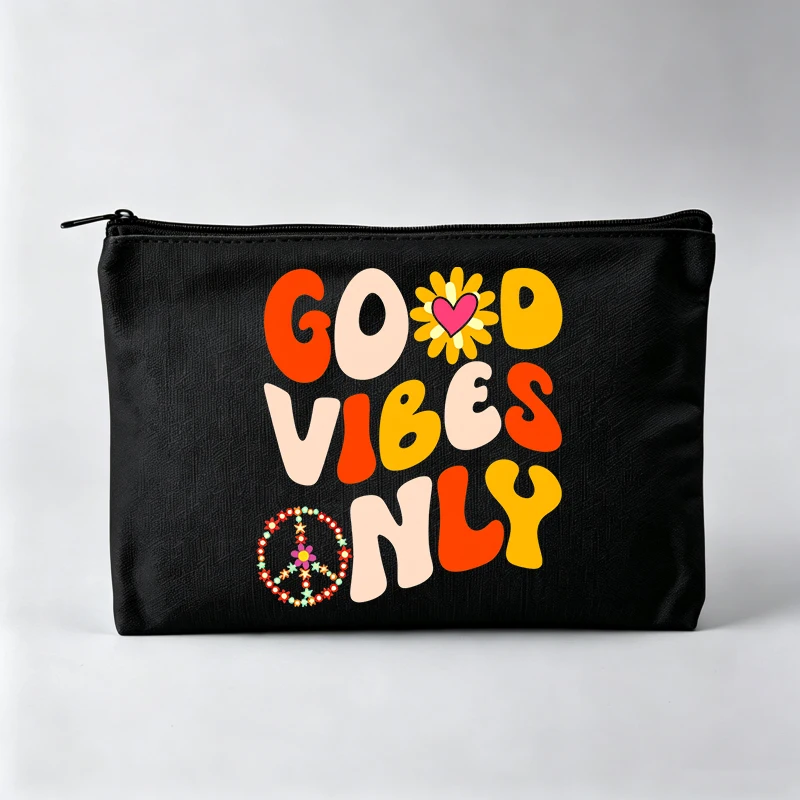 Women's Slogan Style Cosmetic Bag with Peace Sign & Flower Graphic, Casual Makeup Pouch for Daily Use